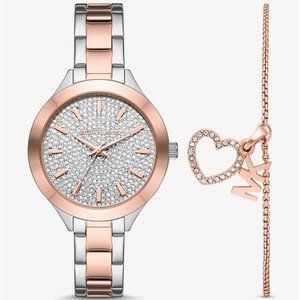 Michael Kors/Pavé Two-Tone Watch and Heart Bracelet Set/Silver & Rose Gold